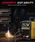 Pilot Arc Plasma Cutter 50A Dual Voltage 110 To 220V With LED Display and Air Sensor shown cutting metal in garage