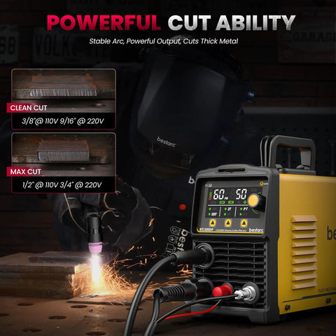 Pilot Arc Plasma Cutter 50A Dual Voltage 110 To 220V With LED Display and Air Sensor shown cutting metal in garage