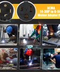 Welder Adapter Cord NEMA 14-30P To 6-50R shown with welding and cutting scenes, highlighting its use with various equipment.