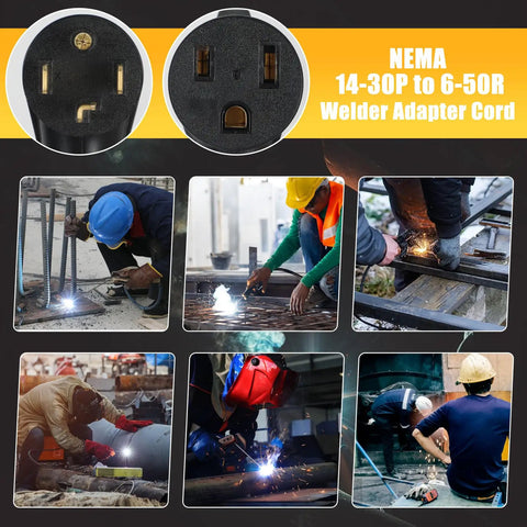 Welder Adapter Cord NEMA 14-30P To 6-50R shown with welding and cutting scenes, highlighting its use with various equipment.