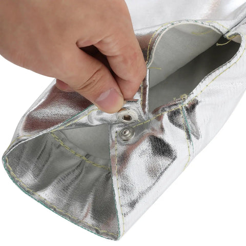 Close-up of Heavy Duty Heat Resistant Aluminum Foil Arm Sleeves waterproof snaps for secure fit, 2 Pack.