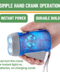 Blue hand holding a rechargeable hand crank emergency flashlight with dual LED beams, showcasing simple operation.