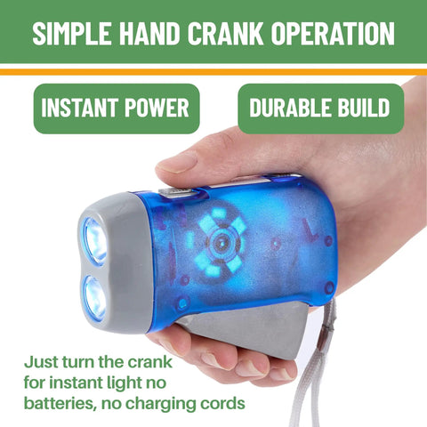 Blue hand holding a rechargeable hand crank emergency flashlight with dual LED beams, showcasing simple operation.