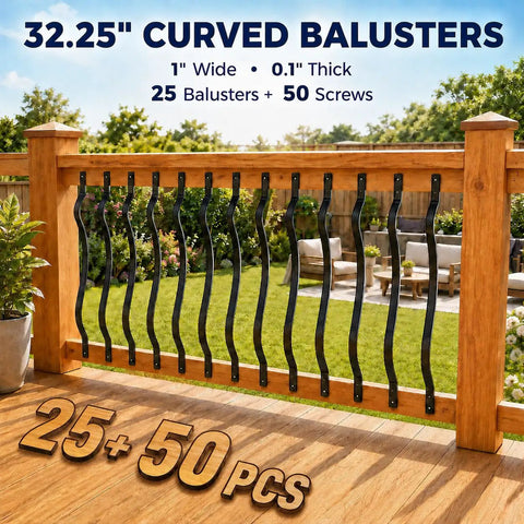 32 And A Quarter Inch Black Curved Aluminum Deck Balusters 25 Pack Includes 100 Screws And 8 Extra Fasteners for Composite Railings