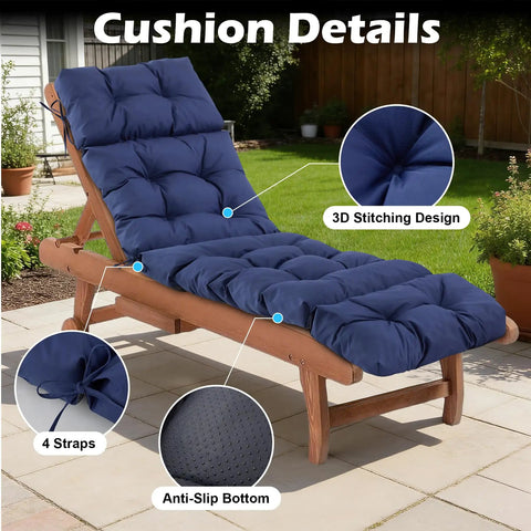 Outdoor Chaise Lounge Cushions Waterproof And Fade Resistant With Ties For Patio, Poolside, Lawn And Beach, 75.1x22.8x4.7 Inch Navy Blue
