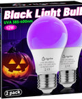 Ultra Bright LED Black Light Bulb 10W UVA 385 400nm A19 Base 2 Pack with Halloween decor in background