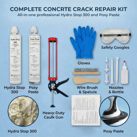 Ditch That Drip Forever With This Complete Polyurethane Leak Repair Foam Kit For Pipe Penetrations And Foundation Cracks Up To One Inch, Smooth Sailing DIY Setup Included, featuring Hydra Stop 300 and Poxy Paste.