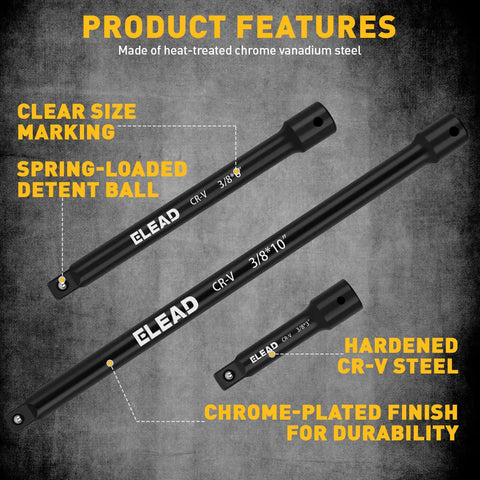 Heavy Duty Three Eighth Inch Drive Extension Bar Set With Three Six And Ten Inch Extensions Plus Universal Joint Socket Pro Grade Chrome Vanadium Steel Wrench Extender For Auto Repair And Mechanical Maintenance shown with black finish and size markings