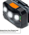 Rechargeable LED Headlamp With Adjustable Fabric Strap, 400 Lumens, close-up of LED fuel gauge displaying battery level.