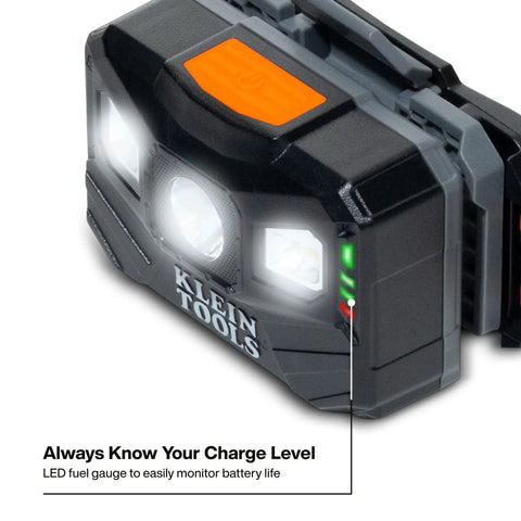 Rechargeable LED Headlamp With Adjustable Fabric Strap, 400 Lumens, close-up of LED fuel gauge displaying battery level.