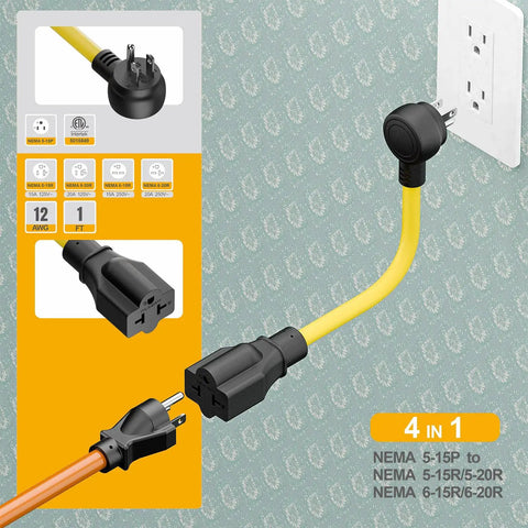 Heavy Duty Four In One NEMA Adapter Cord 12AWG For 5 15P To 5 15R 5 20R 6 15R 6 20R Indoor Outdoor Extension Cable