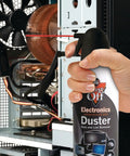 Hand using Two Pack 10 Oz Compressed Gas Dusters for Quick Cleaning of Electronics like keyboards, CPUs, mice, and workstations