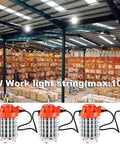 1000W work light string in a warehouse with 10 plug-in LED flood lamps for job sites, featuring metal guards and hanging hooks.