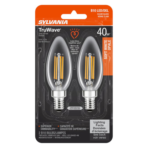 LED TruWave Natural Series B10 Chandelier Light Bulb 40W Equivalent 4W Dimmable, Candelabra Base, 350 Lumens 2700K Soft White, 2 Pack