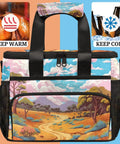 Colorful insulated picnic backpack with lunch box, keeps food warm and cold, beautiful landscape design.