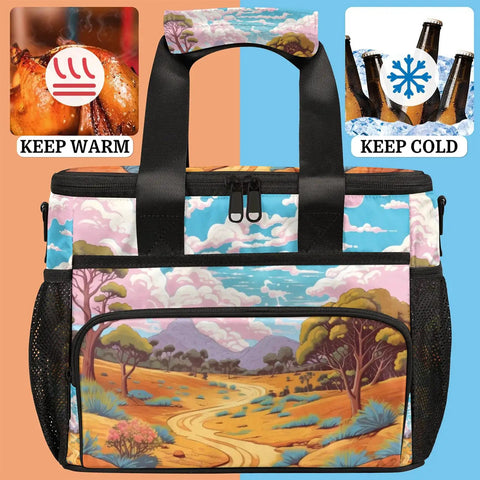 Colorful insulated picnic backpack with lunch box, keeps food warm and cold, beautiful landscape design.