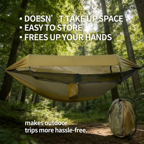 Image of 3 In 1 Camping Hammock Tent With Mosquito Net And Rainfly in forest, portable setup with carry bag