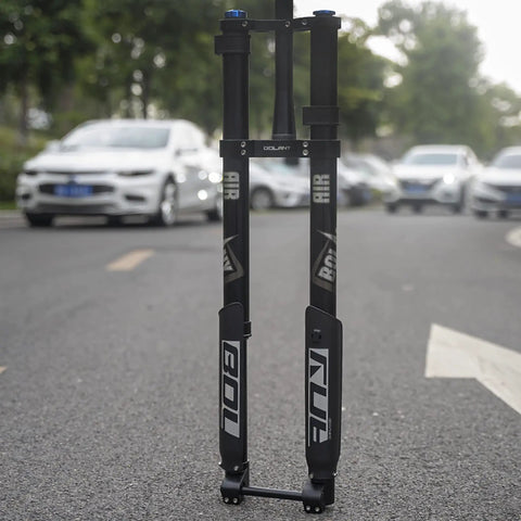 Beefed-Up Downhill Mountain Bike Front Fork With Air Suspension, Thru-Axle Boost 110x15, shown on open road