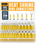 Yellow Beefed Up Heat Shrink Ring Terminal Kit 250 Pieces 12 To 10 AWG Six Sizes displayed in an organizer box.