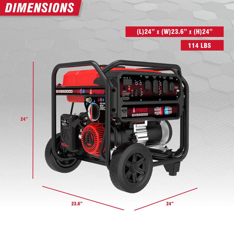 Powerhouse 5000 Watt Portable Generator Gas And Propane With CO Sensor Shutdown Heavy Duty 223cc OHV Engine dimensions on display