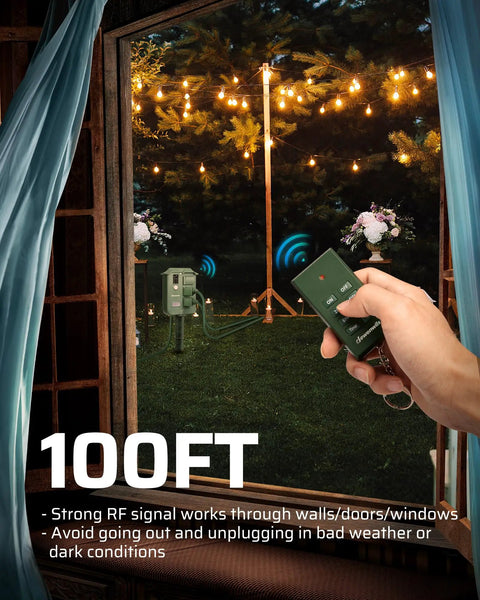 Person using remote for Outdoor Power Stake Timer With Six Grounded Outlets, Six Ft Extension Cord, 100 Ft Wireless Remote, Dusk To Dawn Photocell, Weatherproof Yard And Garden Lights, Easy No Fuss Remote Control, UL Listed, visible in a garden setting with string lights.