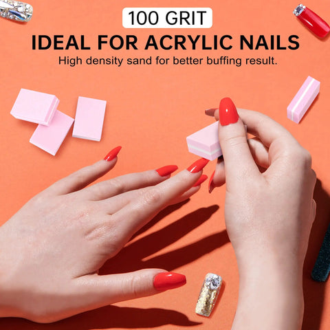 Hands using Mini Nail Buffer Blocks Set 100 180 Grit For Nail Prep and Gel Polish Sponge Buffing on orange background