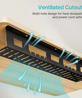 Ventilated under desk cable management tray with airflow, showing cutouts for heat dissipation, ideal for wire organization.