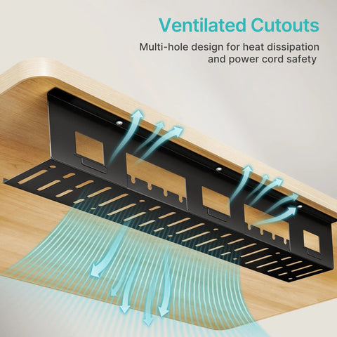 Ventilated under desk cable management tray with airflow, showing cutouts for heat dissipation, ideal for wire organization.