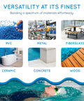 Collage showing materials like PVC, metal, fiberglass, ceramic, concrete, and wood that are bondable with Underwater Pool Epoxy Repair Kit For Cracks And Leaks Waterproof Putty For Concrete Fiberglass And PVC Easy DIY Sealant For Pools And Spas No Drain Needed DMK 5000 50ml White.