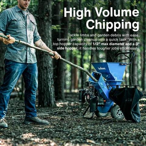 Man using Beast Mode Heavy Duty Wood Chipper Shredder Mulcher Three In One 7 Horsepower Yard Cleanup Power Tool in forest