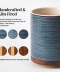 360 Degree Rotating Utensil Holder For Countertop Extra Large Ceramic Caddy In Blue, showing texture and wood base detail.