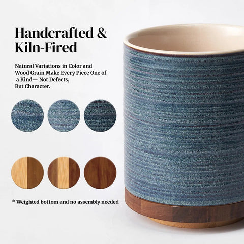360 Degree Rotating Utensil Holder For Countertop Extra Large Ceramic Caddy In Blue, showing texture and wood base detail.