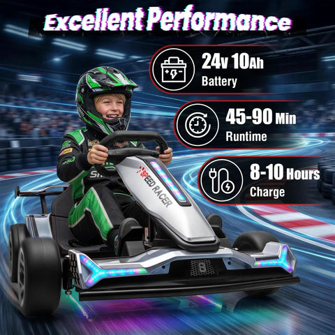 24V Electric Drift Go Kart With Dual 800W Motors 10Ah Battery 8.2 MPH Top Speed 3 Speed Modes features