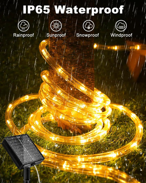 Lit Solar Rope Lights 120LED 46FT Outdoor String Lights Waterproof wrapped around tree in rain with solar panel