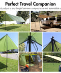 Collage showing Telescoping Tarp Poles 4 Pack, Lightweight Aluminum Camping Poles used for awnings and sun shades with adjustable height.
