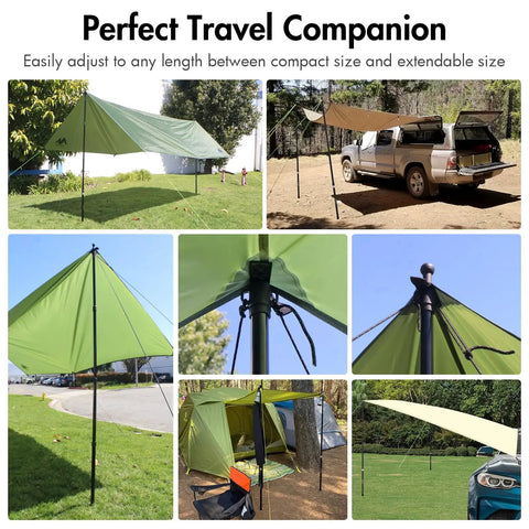 Collage showing Telescoping Tarp Poles 4 Pack, Lightweight Aluminum Camping Poles used for awnings and sun shades with adjustable height.