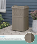 Hideaway Outdoor Trash Can With Lid 30 Gallon Decorative Wicker Style Garbage Bin in Dark Taupe on patio