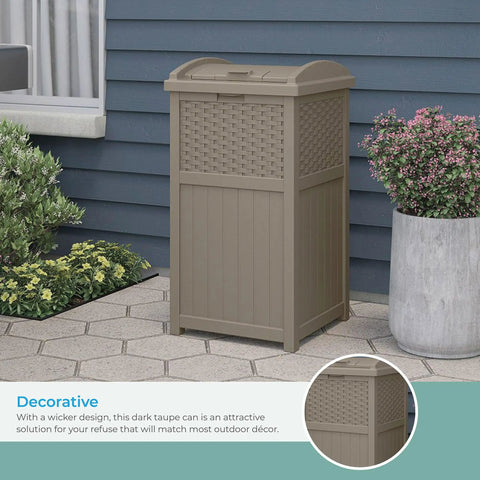 Hideaway Outdoor Trash Can With Lid 30 Gallon Decorative Wicker Style Garbage Bin in Dark Taupe on patio