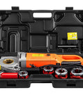 VEVOR 2300W Electric Pipe Threader Machine With Four Dies For 1/2 To 1 1/4 Inch Pipes in portable case showing copper motor and threading dies.