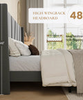 Flat Out Comfy Queen Size Upholstered Platform Bed Frame With Wingback Headboard and High Density Foam Padding Wrapped In Soft Breathable Velvet Fabric For Stylish Grey Rooms with 48 inch tall headboard.