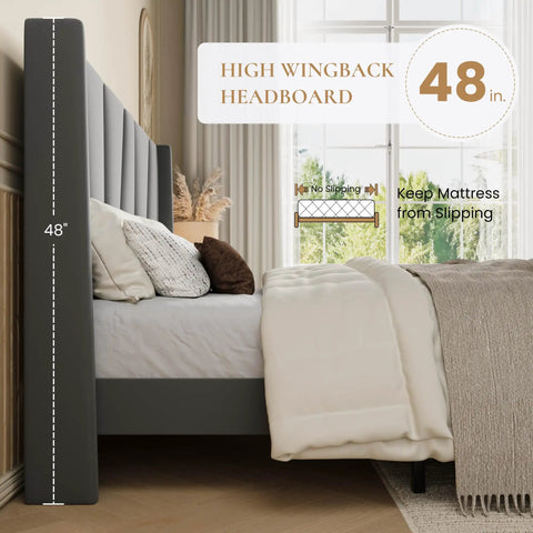 Flat Out Comfy Queen Size Upholstered Platform Bed Frame With Wingback Headboard and High Density Foam Padding Wrapped In Soft Breathable Velvet Fabric For Stylish Grey Rooms with 48 inch tall headboard.