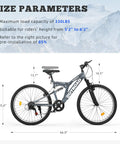Dope 26-Inch Mountain Hybrid Bike With Steel Frame, 7-Speed Gearing, Front Suspension, Dual Disc Brakes, Grey shown with size diagram