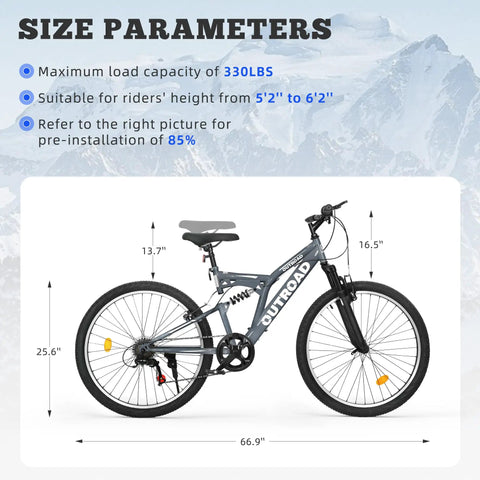 Dope 26-Inch Mountain Hybrid Bike With Steel Frame, 7-Speed Gearing, Front Suspension, Dual Disc Brakes, Grey shown with size diagram