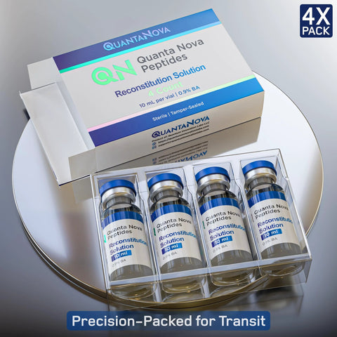 Front view of QuantaNova Reconstitution Solution 4-pack: four sterile glass vials, 10 mL each, blue caps.