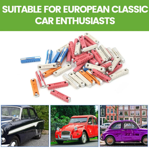 Top Shelf European Classic Car Torpedo Fuse Kit 50 Piece Set With 5A 8A 16A 25A Amps, colorful zinc alloy blades suitable for classic cars.