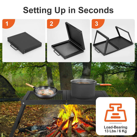 Folding Campfire Grill With Heavy Duty Steel Mesh Grate And Folding Legs Portable Over Fire Pit Rack shown with cookware.