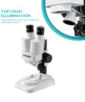 Grab And Go Portable Stereo Microscope With 20X And 50X Magnification, LED Light, WF Eyepieces, And 65 To 102 Mm Working Distance, Great For Insect Specimens And Mineral Studies, Includes 10 Slides And 12 Mineral Specimens. Top light illumination shown