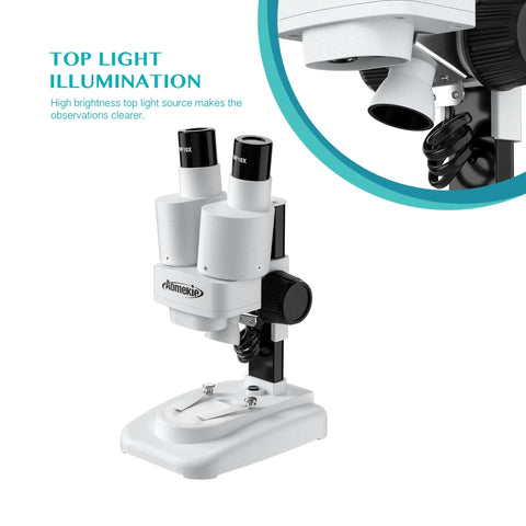 Grab And Go Portable Stereo Microscope With 20X And 50X Magnification, LED Light, WF Eyepieces, And 65 To 102 Mm Working Distance, Great For Insect Specimens And Mineral Studies, Includes 10 Slides And 12 Mineral Specimens. Top light illumination shown