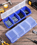 Six Piece Screw Organizer Box With Lids Slanted Opening For Easy Grab And Go Access Four Divider Compartments Locking Latches Handy Garage Toolbox Case For Nails Bolts Small Parts And Hardware filled with screws and small hardware on wooden surface