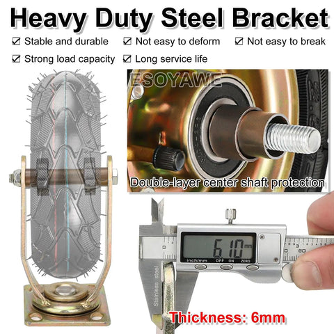 Heavy Duty Steel Bracket supporting Badass Heavy Duty 10 Inch Pneumatic Rubber Caster Wheels With Double Ball Bearings, Silent Swivel Casters.